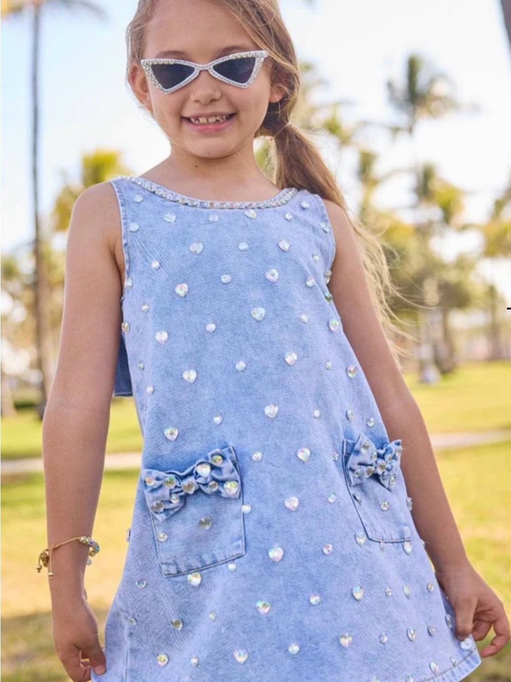 Lola + The Boys CRYSTAL HEART DENIM BOW DRESS size 6